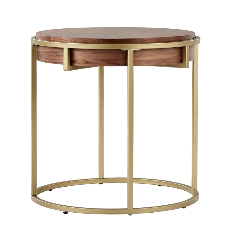 Round Coffee Table with Geometric Walnut Veneer Top and Gold Metal Base