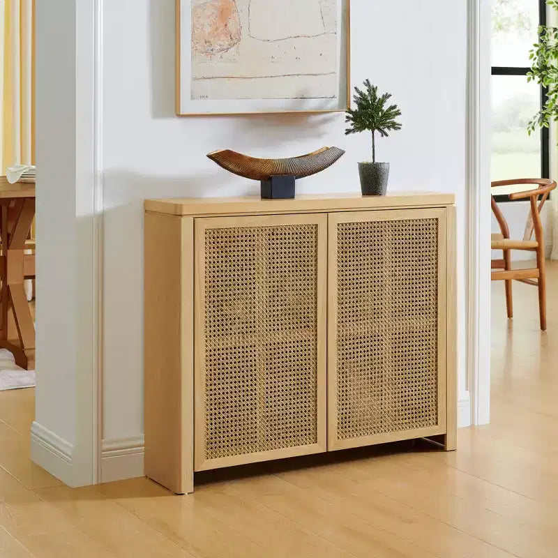 39.4 Modern Rattan-Edged Buffet Cabinet with 2 Outlet Holes, Vintage Storage Unit for Coffee Bar, Entryway, Hallway, Living Room, Kitchen