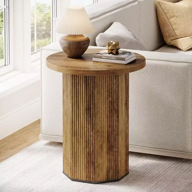 Lantine Round End Table, Farmhouse Pedestal Side Table, Fluted Wooden Nightstand Drink Stand for Living Room, Bedroom (1)