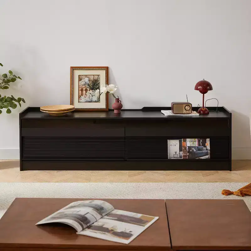 Modern TV Stand Media Console with 4 Drawers, Charging Ports and Ambient LED Lighting, Natural/Walnut/Black
