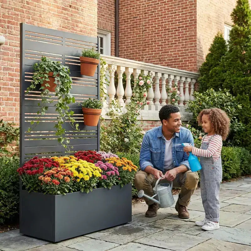 MAYEERTY Black Wrought Iron Planter with Trellis (Harold B Louvered), 59x30x12, 4-Piece Rustproof Garden Decor