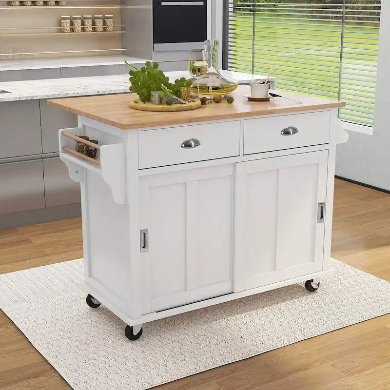 Rolling Kitchen Island Cart with Drop-Leaf Rubberwood Top 2 Drawers Sliding Cabinet and Spice Rack