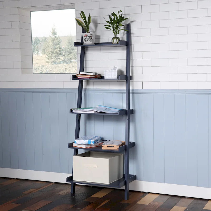 5-Tier Leaning Ladder Shelf Bookcase with Solid Wood Legs