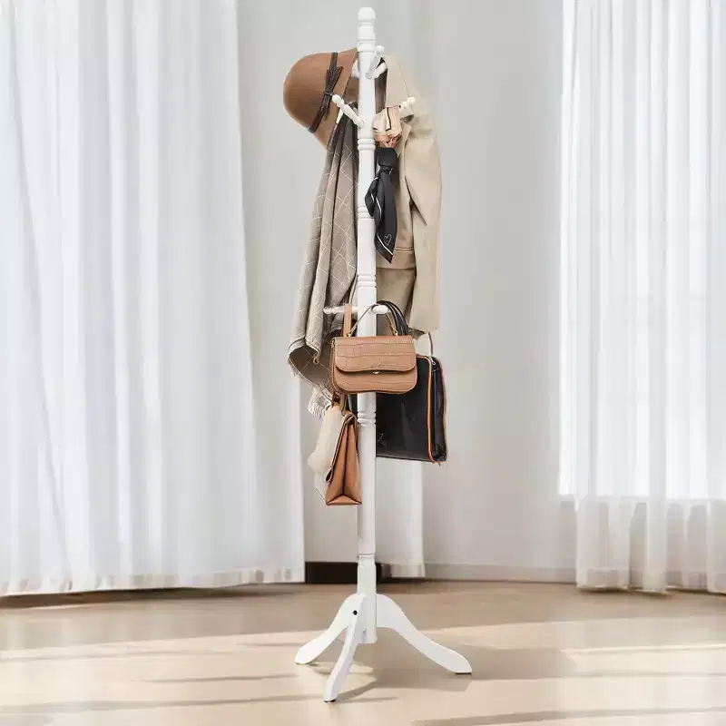 Cloud White / Dark Walnut Free-Standing Coat Rack, 10 Hooks, Single-User