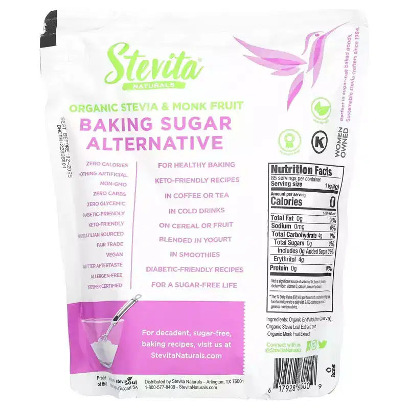 Stevita Naturals Baking Sugar Alternative, Organic Stevia & Monk Fruit, 12 oz (341 g)