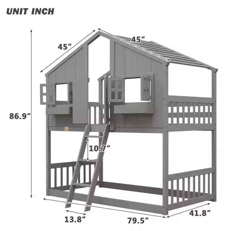 Bellemave Twin over Twin House Bunk Bed with Window, Window Box and Door ,Pine House Bunk Bed Frame with Roof,Guardrails and Ladder for Kids
