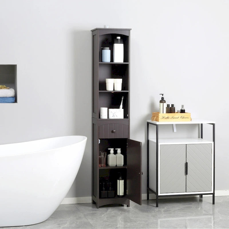 Bathroom Storage Cabinet Free Standing Tall Linen Tower with 3-Tier Shelves and Drawer Brown