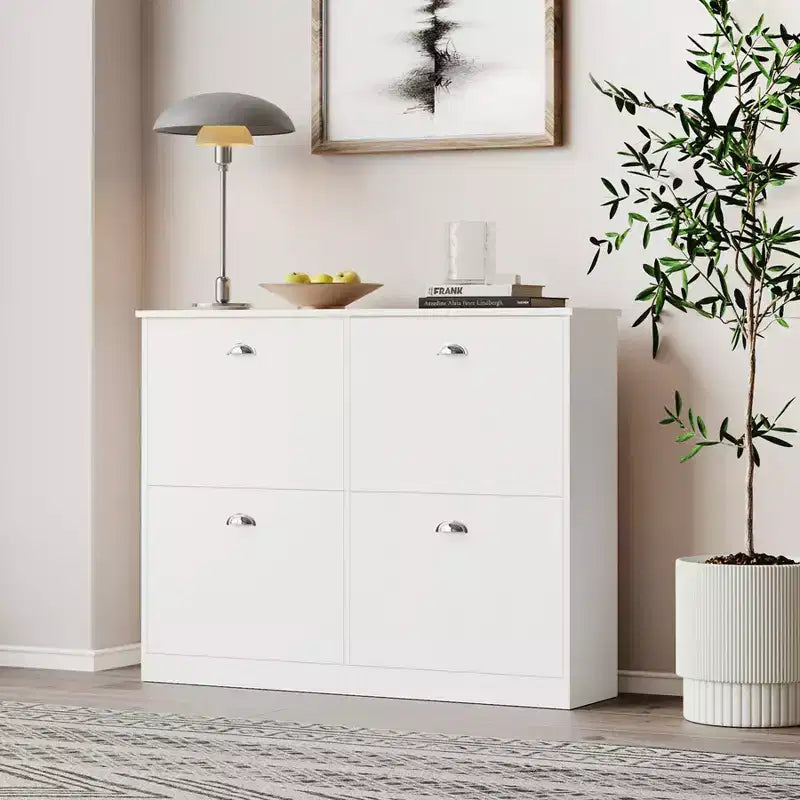 40-inch Concealed Ultra-Slim Shoe Cabinet with 4 Flip-Top Drawers and Anti-Tip Mechanism, Suitable for Entryways and Bedrooms, White