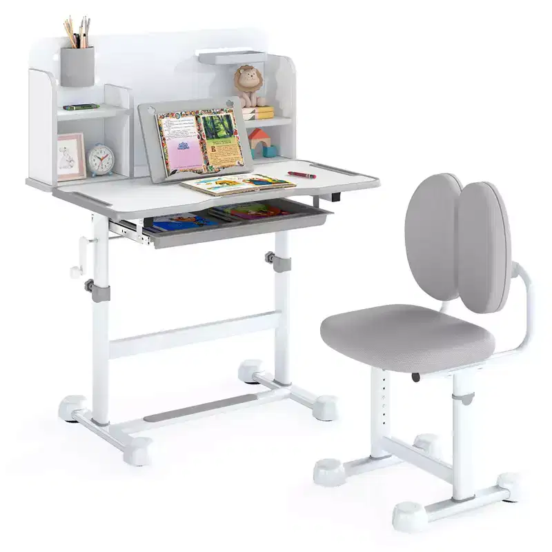 Costway Kids Study Desk & Chair Set with Tilt Desktop, Pen Holder & Tray, Reading Stand Blue/Gray