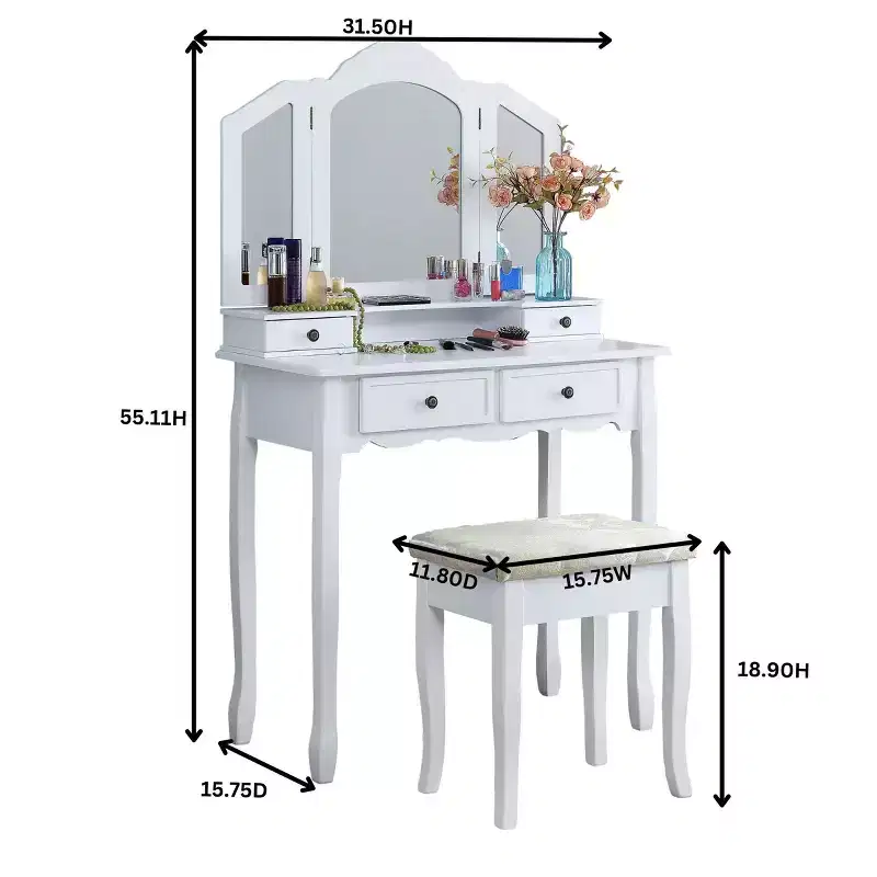 Wooden Makeup Vanity Desk & Stool for Bedroom & Living Room, White