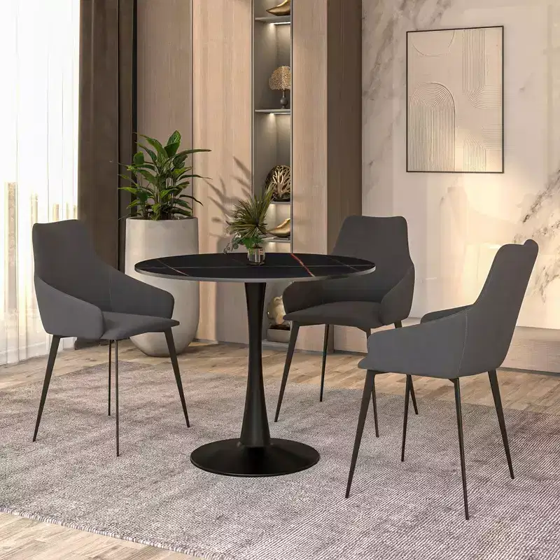 Bristol 35 Round Dining Table Sintered Stone Top Accent Caf Table & Sturdy Steel Black Pedestal Base for Kitchen and Small Spaces