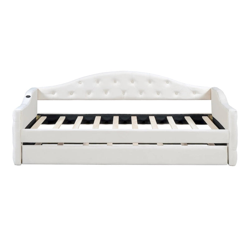 Twin Size Tufted Upholstered Daybed with Trundle �C Velvet Sofa Bed with USB & Type-C Charging Ports, No Box Spring Needed