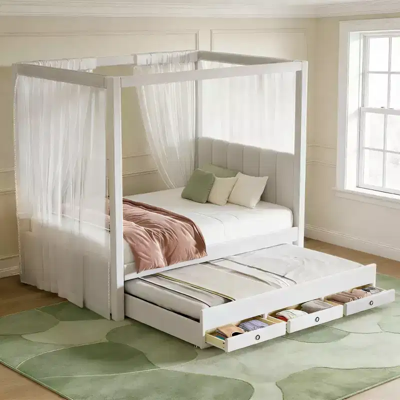 Modern Canopy Platform Bed with Upholstery headboard, Trundle and 3 Drawers, Beige