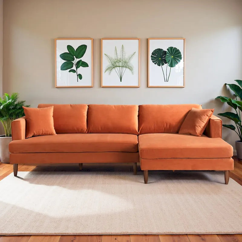 Mid-Century Modern L-Shaped Pillow Back Velvet Sectional Sofa
