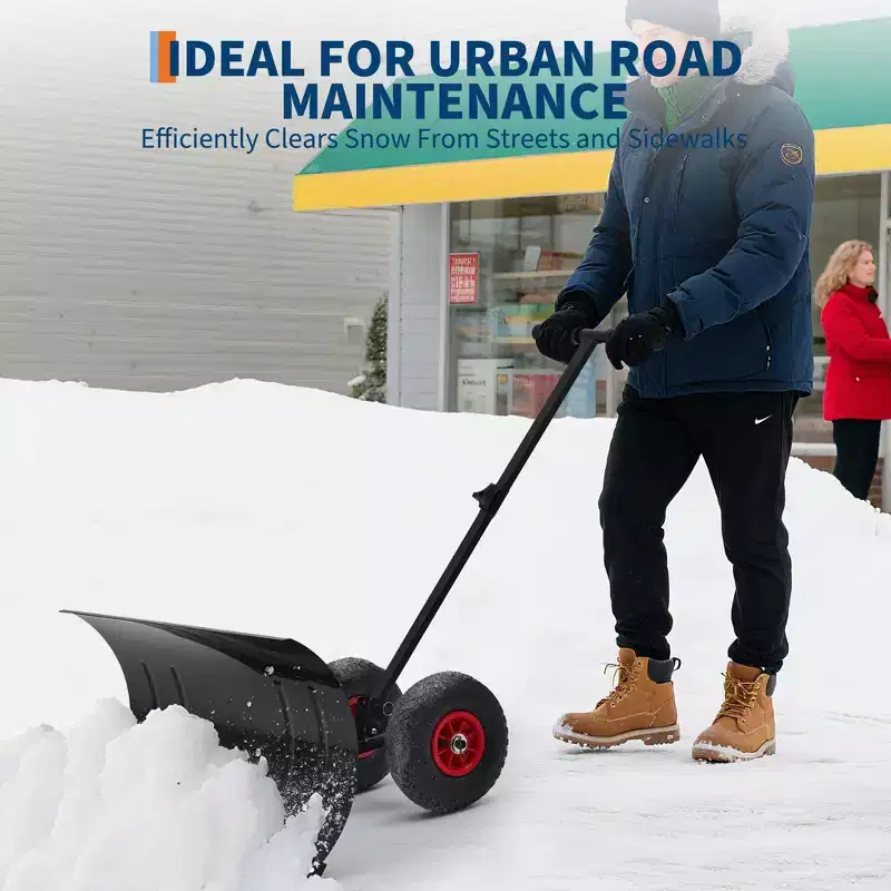 Snow Shovel with Wheels for Driveway, Heavy Duty Push Snow Plow Shovel with Large 29 in x 16.5 in Adjustable Handle, Angled Blade, Efficient Snow