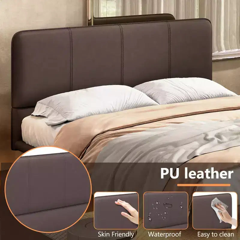 Floating Platform Bed with LED Lights and PU Leather Upholstery