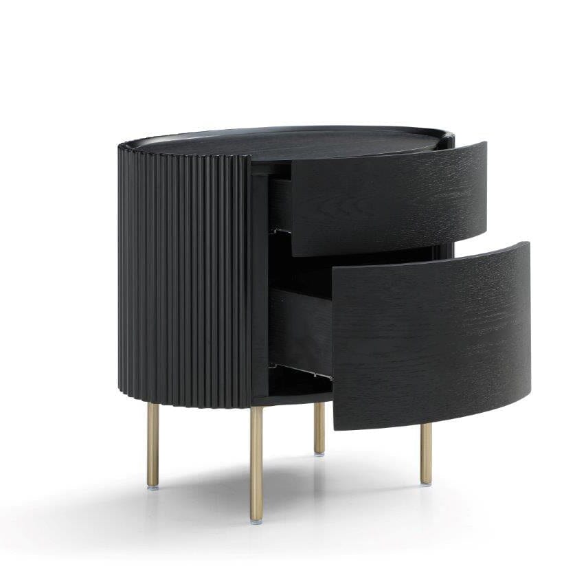 Ribbed Rounded Black 2 Drawer Bedside Table with Gold Legs