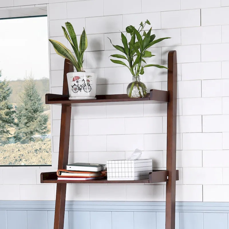 5-Tier Leaning Ladder Shelf Bookcase with Solid Wood Legs