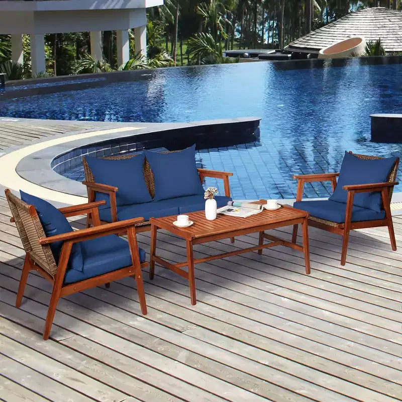 Costway 4PCS Patio Rattan Furniture Set Acacia Wood Frame Cushioned Sofa Chair