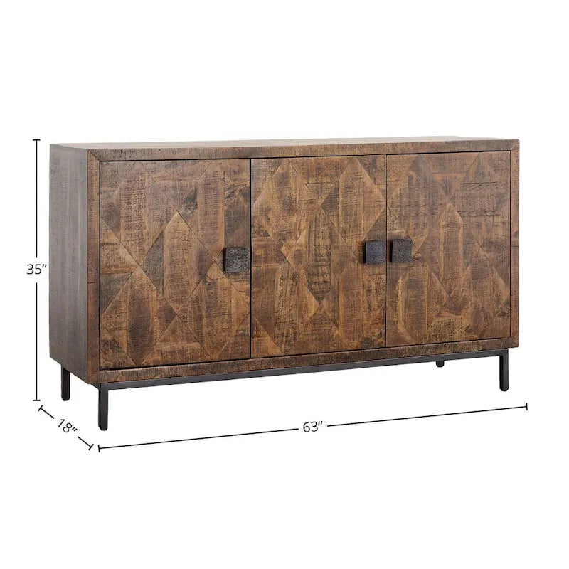 63-Inch Wide 2-Drawer Mango Wood Sideboard with Iron Accents, Brown