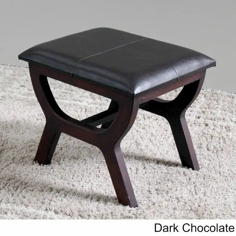 Rectangular Vanity Stool, Faux Leather Upholstery, Dark Brown Finish, 4-Leg Frame