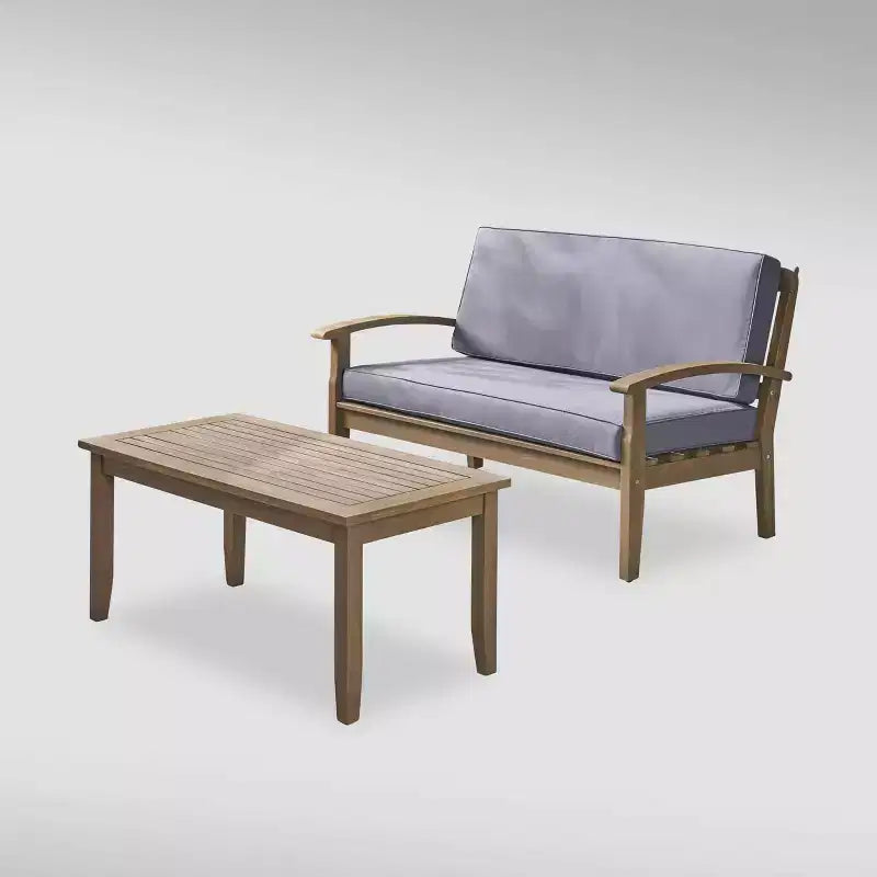 Peyton 2pc Acacia Wood Loveseat and Coffee Table Set: Weather-Resistant, Polyester Cushions - Christopher Knight Home