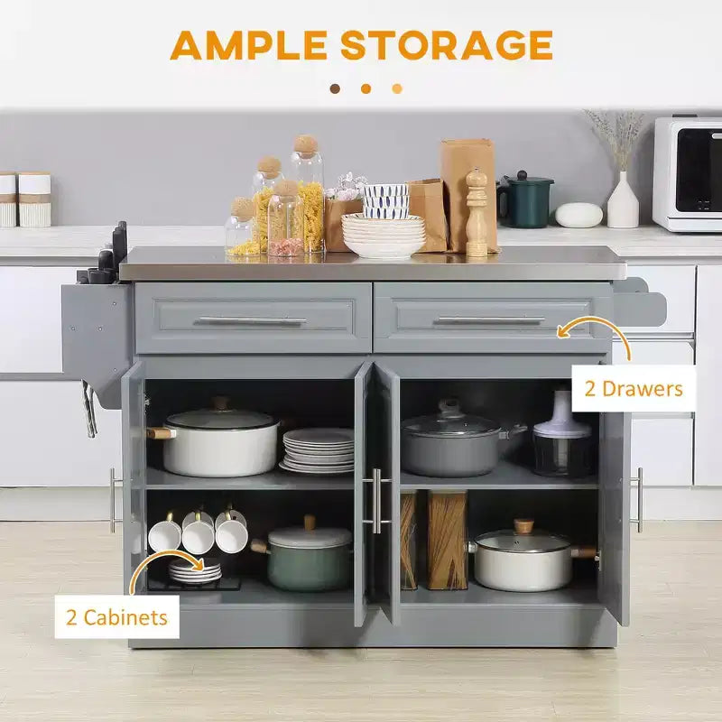FAMYYT Gray stainless Steel Top 17. 75 in. Kitchen Island with Drop Leaf Breakfast Bar, Storage Drawers, 2-Cabinets, Spice Rack