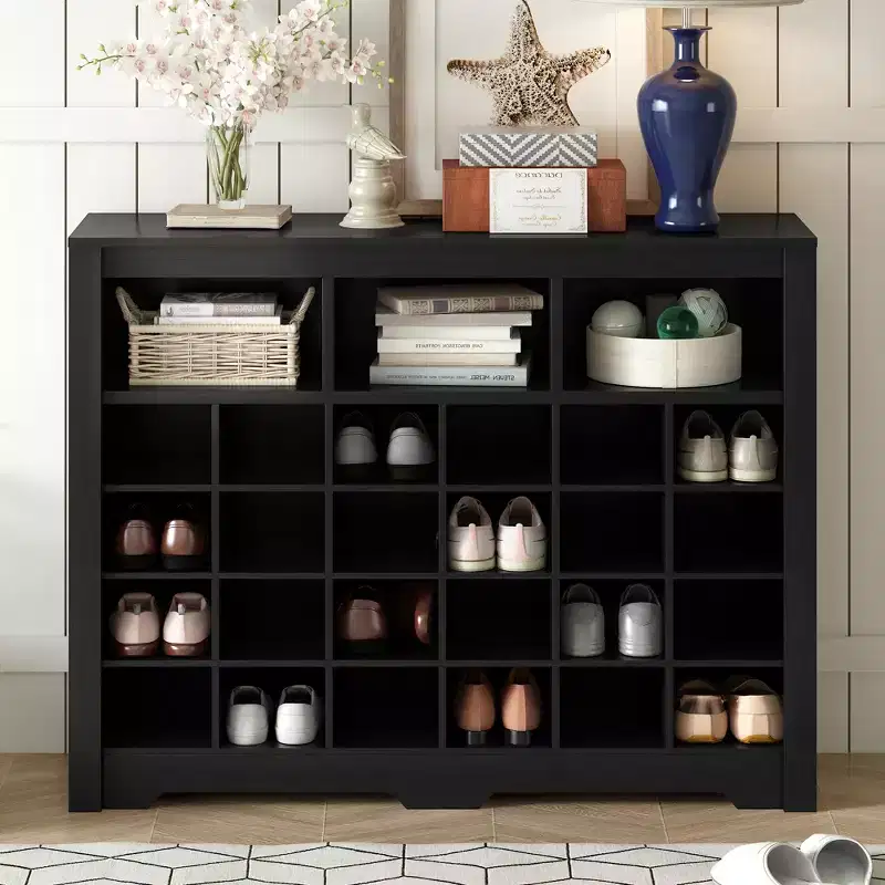 Rustic Entryway Shoe Storage Cabinet with 24-Shoe Cubby Console and Curved Base
