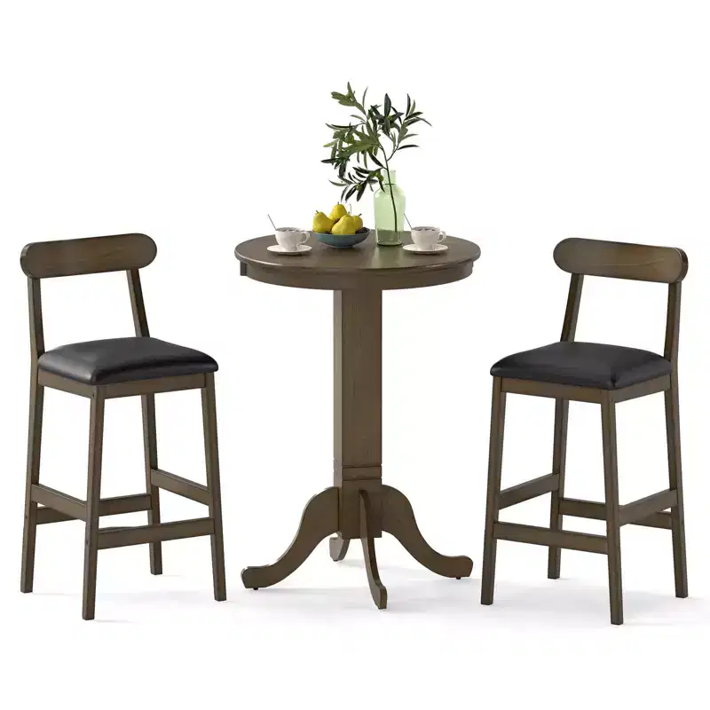 Costway 3 PCS Wood Bar Table Set with Pedestal Base, 2 Armless Stools, Padded Seat, Backrest