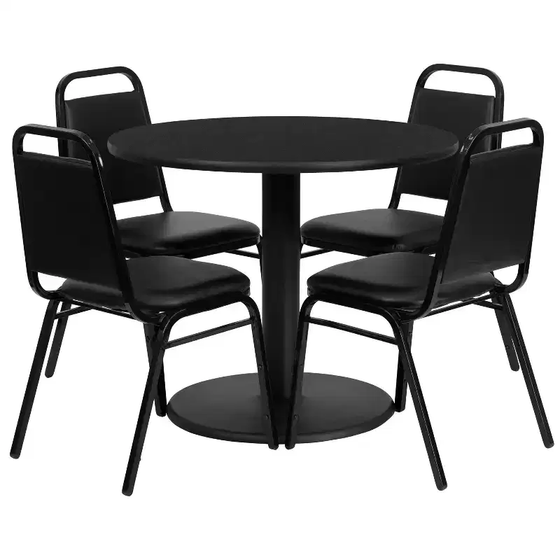 Emma and Oliver 36 Round Laminate Table Set with 4 Trapezoidal Banquet Chairs