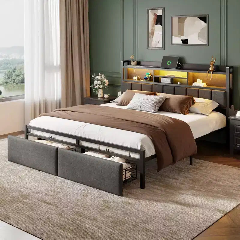 Upholstered King Size Bed Frame with Storage Drawers LED Lights Charging Station Shelf Headboard Heavy Duty Metal Platform Bed Noise Free