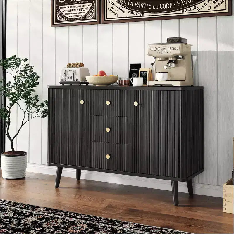 47 in Modern Fluted Sideboard Buffet Cabinet with 3 Drawers, Slim Kitchen Storage Cabinet, Wood Coffee Bar Station for Dining Room Living Room