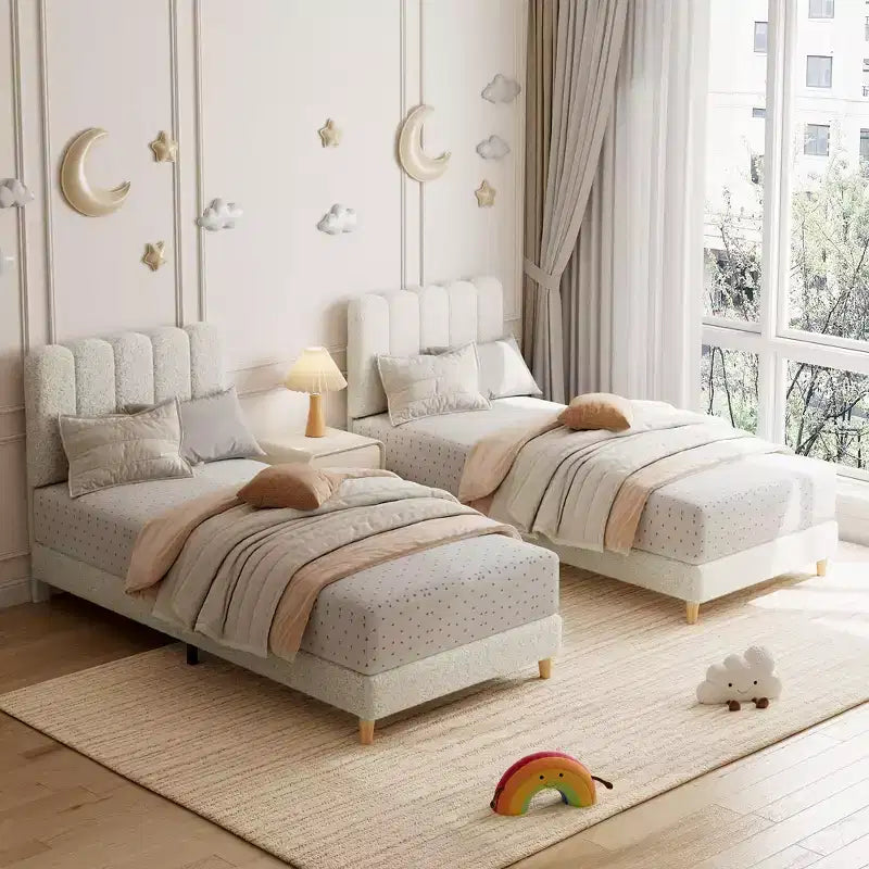XL Bed Frame, Boucle Upholstered Platform Bed with Wave Headboard for Girls/Kids, Easy Assembly, Wooden Slats Support, No Box Spring Needed