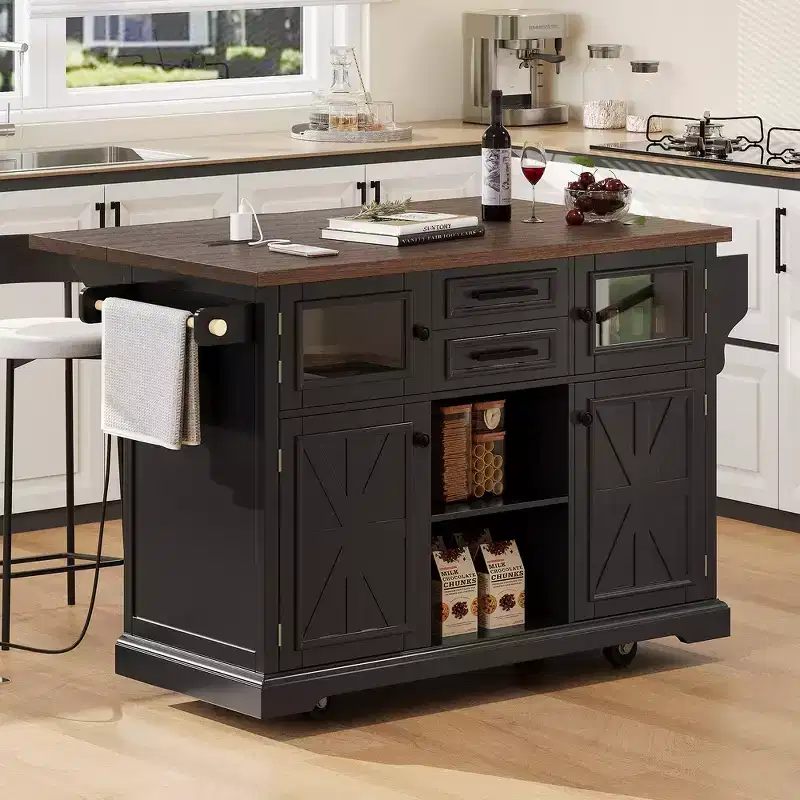 Kitchen Island, Drop Leaf, Power Outlet, Cross Barn Doors & 4 Wheels