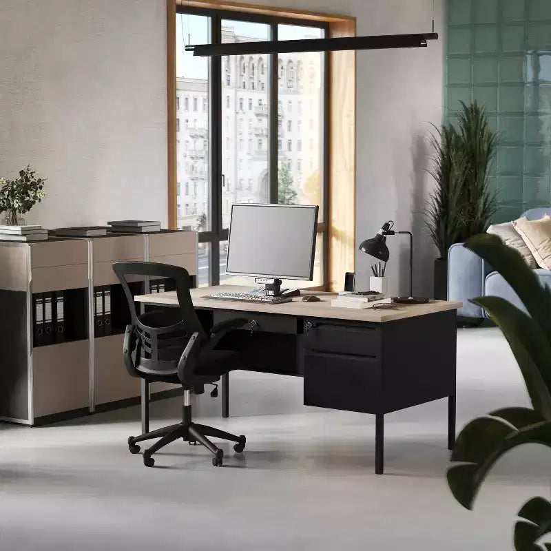 Flash Furniture Cambridge Commercial Grade Single Pedestal Desk with Locking Drawers and Metal Frame