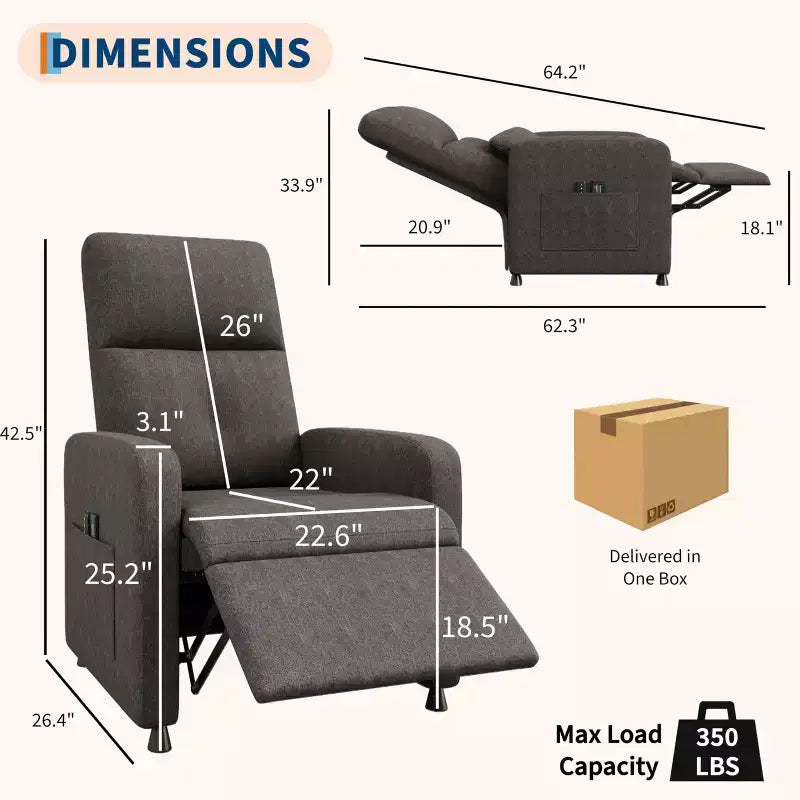 Power Recliner Chair, Ergonomic Linen Single Sofa with Padded Seat & 2 Side Pockets, Adjustable Electric Recliner for Living Room, Bedroom