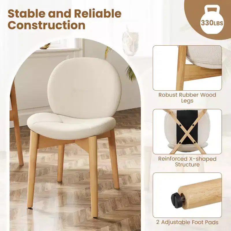 Costway 2PCS Wooden Dining Chairs Soft Boucle Upholstered Kitchen Chairs w/ Curved Seat