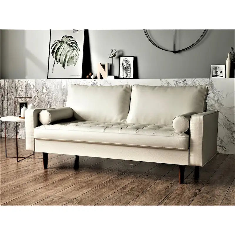 Mid-Century Modern Faux Leather Sofa with Track Arms