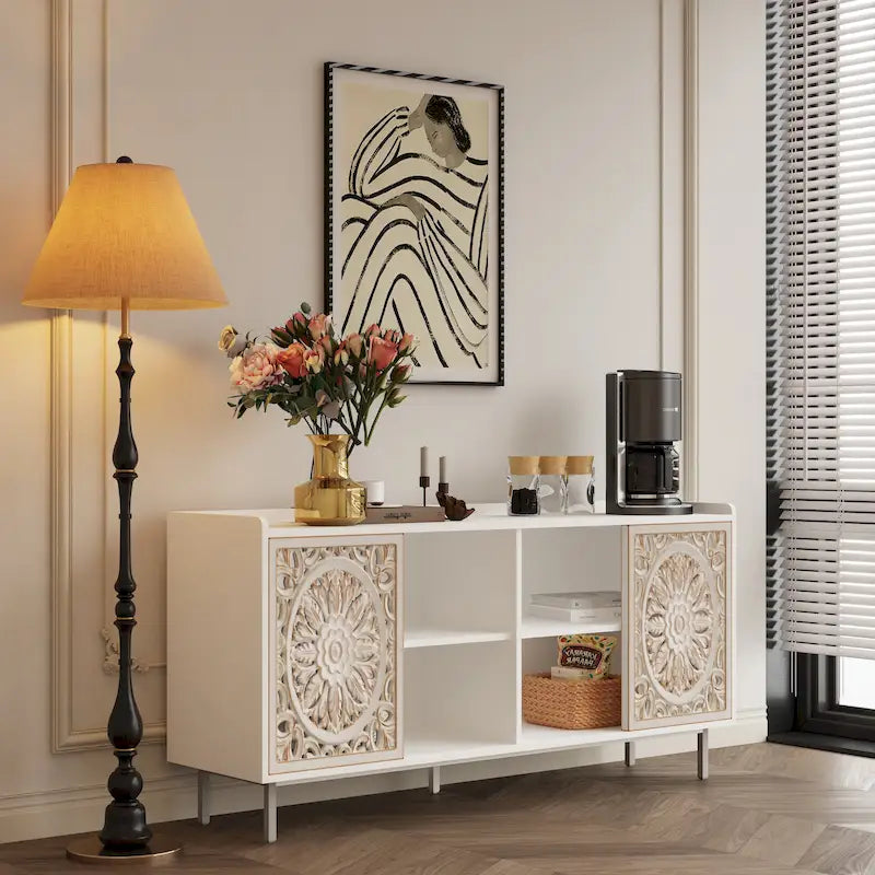 Mid-Century Modern TV Stand Buffet Cabinet in White