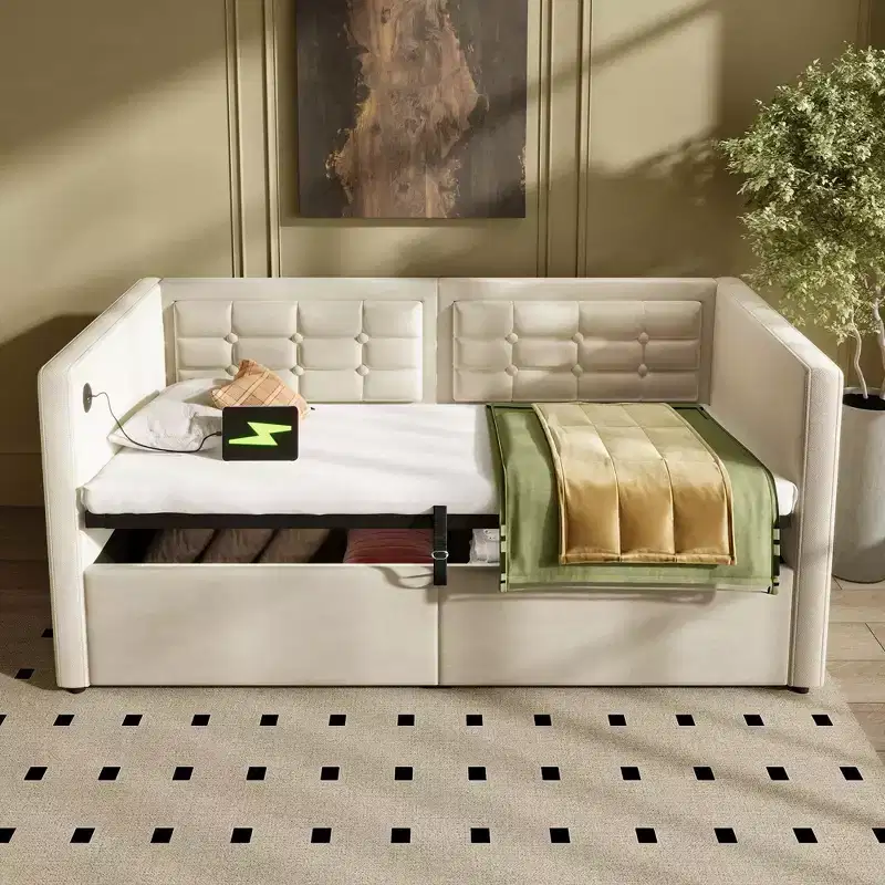 Twin Size Modern Bed Frame Sofa Bed with USB & Hidden Storage, Upholstered Tufted Daybed for Bedroom, Kids Room, Study