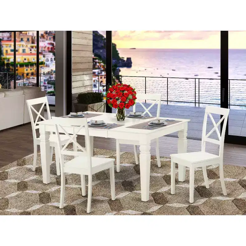 5 Piece Dinette Set - Rectangle Table with Leaf & 4 Chairs - 42x60 Inch - Linen White