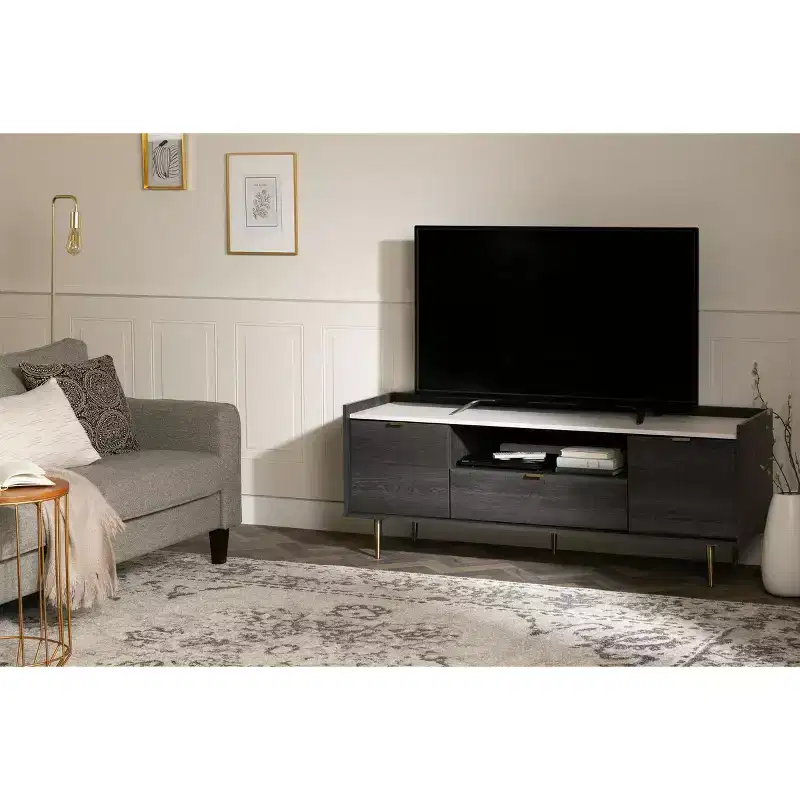 South Shore Hype TV Stand for TVs up to 75 Gray Oak/Faux Carrara Marble: Laminated Particle Board, Storage Shelves
