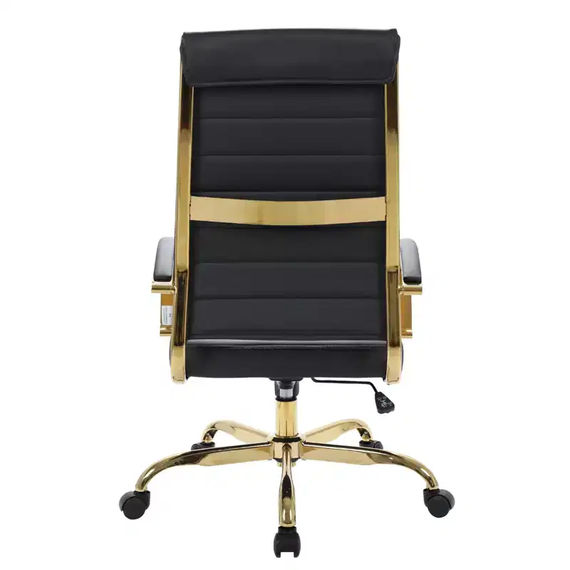 LeisureMod Benmar High-Back Ribbed Leather Office Chair - Modern Swivel & Tilt Executive Desk Chair - Gold Base