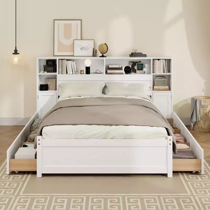 GDFStudio Lucas Twin Size Wooden Storage Bed with Tall Bookcase Headboard and Drawers