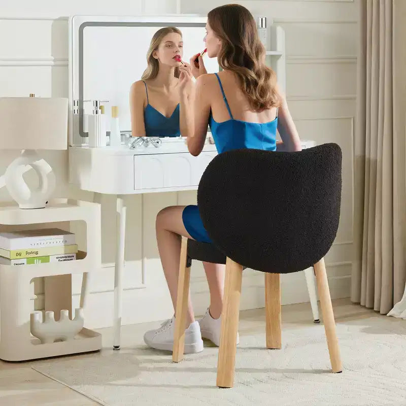 Makeup Chair Comfy Accent Chair, Plush Teddy Fabric, Cute Vanity Chair for Home Office, Bedroom, Dressing Room-2 PCS