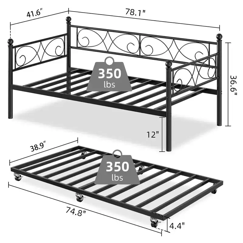 Daybed with Trundle Bed, Twin Size Metal Day Bed with Floral Headboard, Modern Sofa Bed Frame, Heavy Duty Steel Slats Supports