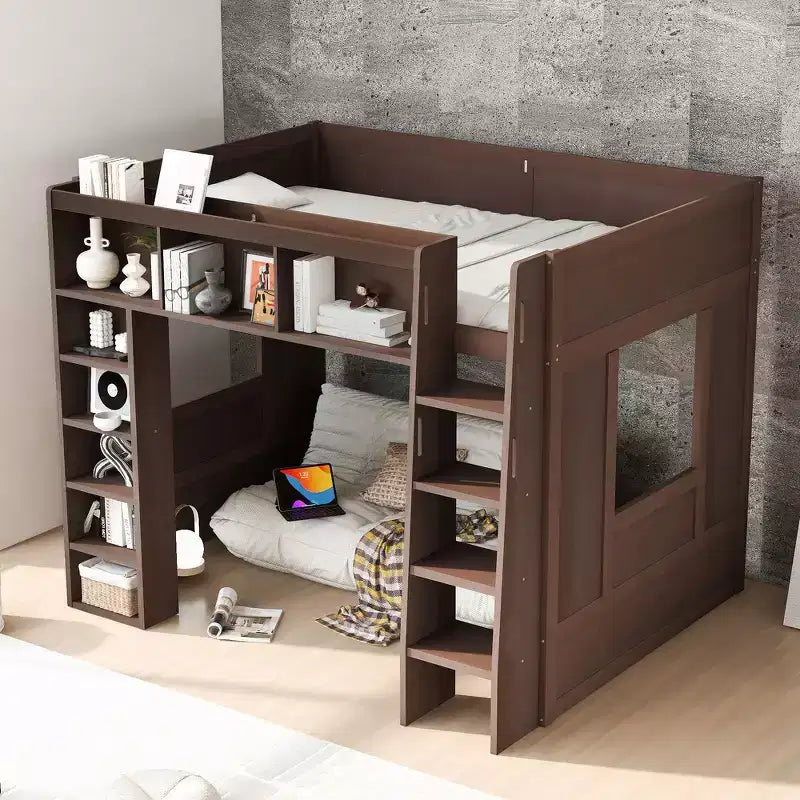 Whisen Queen Size Wooden Loft Bed Frame with Storage Cabinets and Shelves
