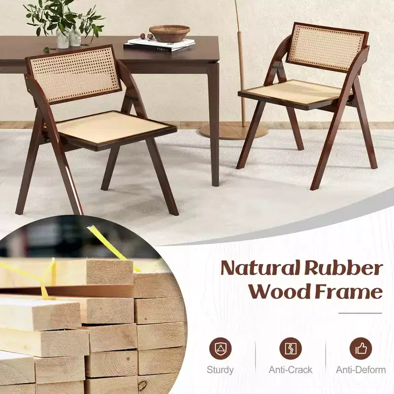 Costway Foldable Dining Chairs Set of 2/4 with Woven Rattan Backrest & Seat Rubber Wood Frame Brown