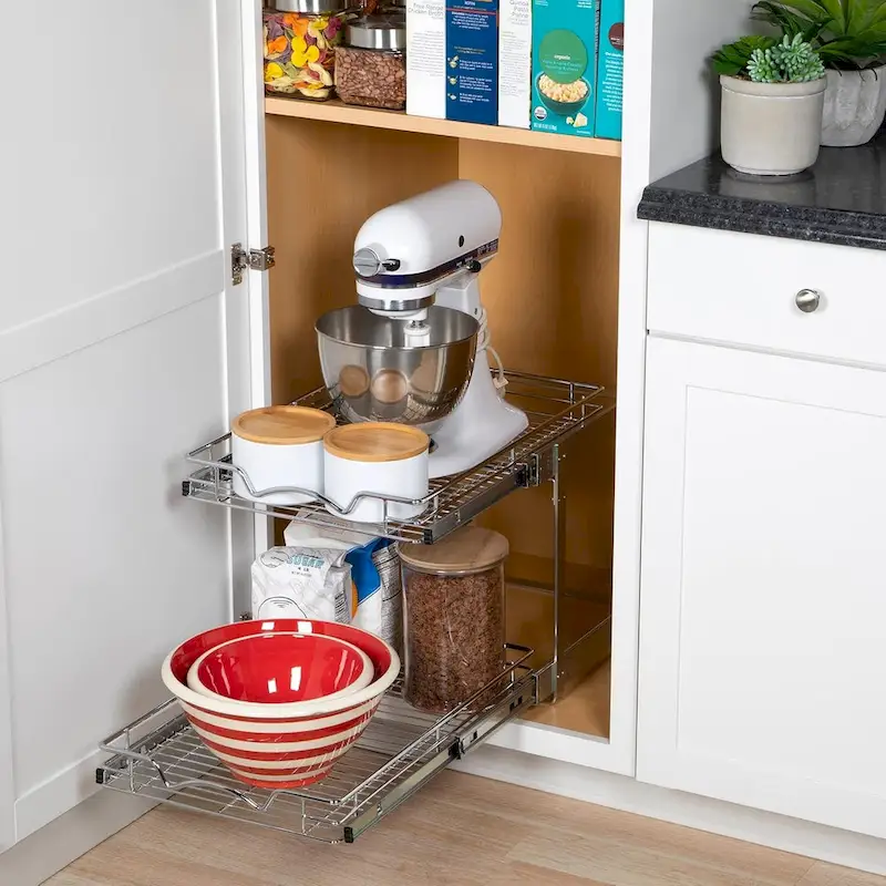 Pull Out Cabinet Organizer 2 Tier  Heavy Duty Metal with Lifetime Limited Warranty - Anti Rust Chrome Finish
