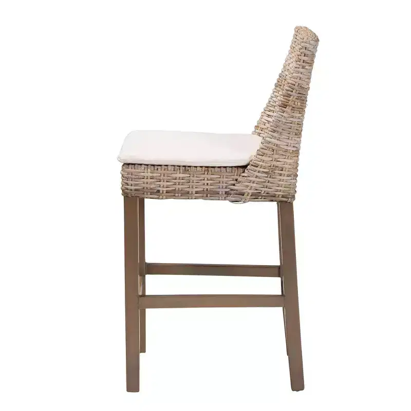 bali & pari Toby Rattan and Mahogany Wood Counter Height Barstool Kubu Gray/Rustic Taupe